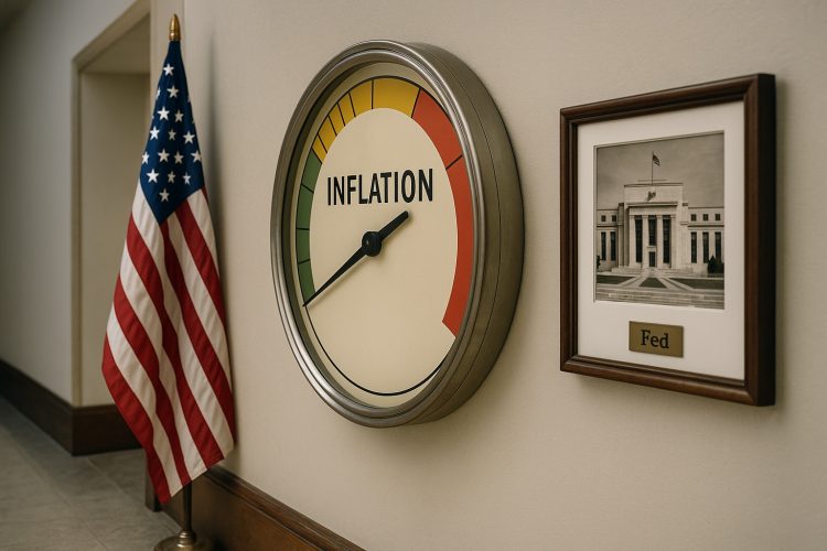 Medidor mural de inflación en zona baja junto a foto institucional de la Fed y bandera de EE. UU.