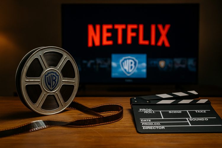 Logo de Netflix grande en una pantalla de cine en sala de edición, con carrete y claqueta de Warner en primer plano.