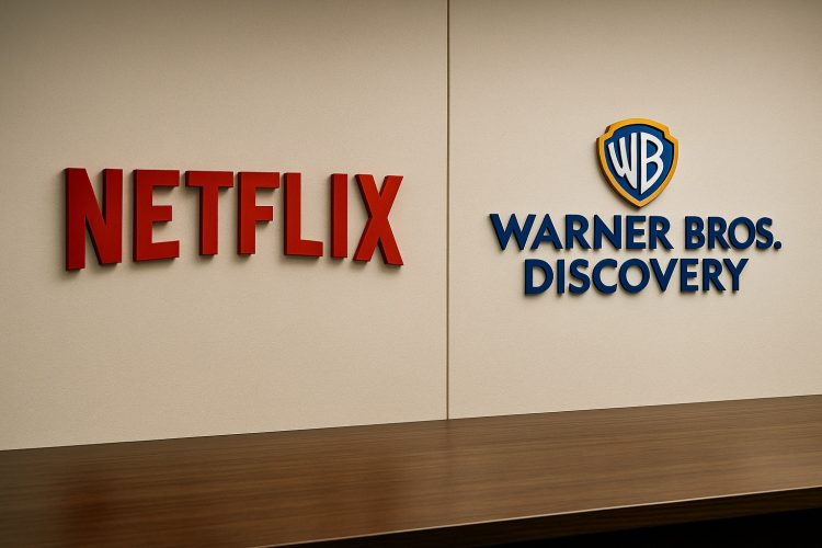 Logos en relieve de Netflix y Warner Bros. Discovery enfrentados en un muro corporativo.