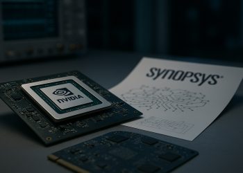 Módulo de Nvidia junto a esquema técnico con logo de Synopsys en un laboratorio de chips.