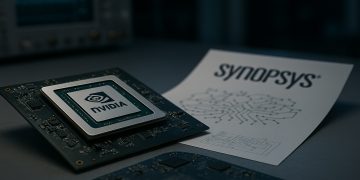 Módulo de Nvidia junto a esquema técnico con logo de Synopsys en un laboratorio de chips.