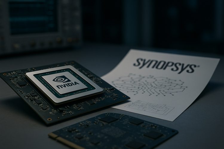 Módulo de Nvidia junto a esquema técnico con logo de Synopsys en un laboratorio de chips.