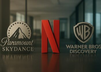 Logos de Paramount Skydance, Netflix y WBD en oficina financiera, tensión.