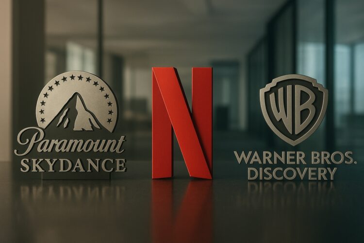 Logos de Paramount Skydance, Netflix y WBD en oficina financiera, tensión.