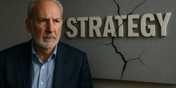 Peter Schiff posa serio junto a un gran logo de Strategy agrietado en la pared.