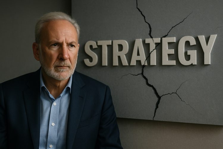 Peter Schiff posa serio junto a un gran logo de Strategy agrietado en la pared.