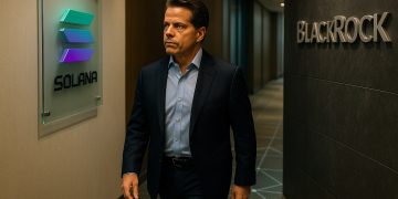 Anthony Scaramucci en lobby corporativo entre símbolos en relieve de Solana y BlackRock.