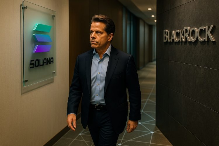 Anthony Scaramucci en lobby corporativo entre símbolos en relieve de Solana y BlackRock.