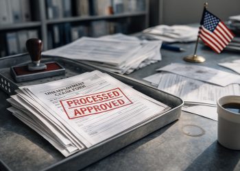 Formularios de desempleo en una bandeja con sello de procesado y bandera de EE. UU. en un escritorio usado.