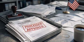 Formularios de desempleo en una bandeja con sello de procesado y bandera de EE. UU. en un escritorio usado.