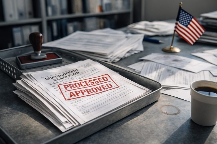Formularios de desempleo en una bandeja con sello de procesado y bandera de EE. UU. en un escritorio usado.