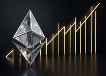 Símbolo Ethereum de cristal con gráfico alcista de luz.