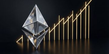 Símbolo Ethereum de cristal con gráfico alcista de luz.