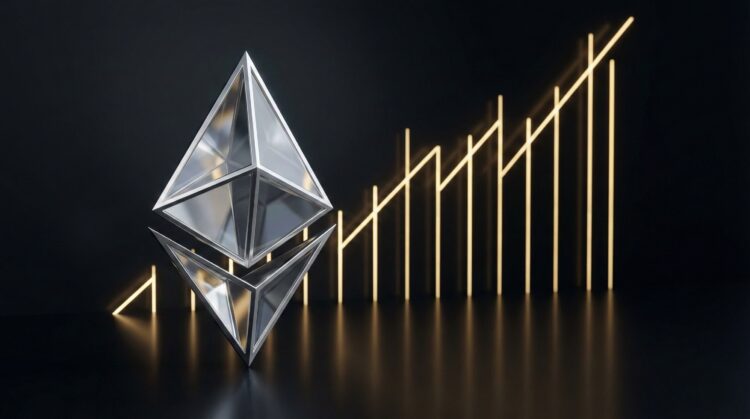 Símbolo Ethereum de cristal con gráfico alcista de luz.