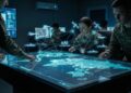 Fotografía de estilo cinematográfico en un centro de mando militar en penumbra, donde personal uniformado interactúa con una mesa táctica digital de cristal. La superficie proyecta un mapa global resplandeciente en azul y cian, con activos militares holográficos (aviones, buques, satélites) interconectados por una red central etiquetada como "xAI ALGORITHMS", visualizando la integración de tecnología civil avanzada en la defensa.