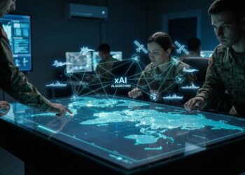 Fotografía de estilo cinematográfico en un centro de mando militar en penumbra, donde personal uniformado interactúa con una mesa táctica digital de cristal. La superficie proyecta un mapa global resplandeciente en azul y cian, con activos militares holográficos (aviones, buques, satélites) interconectados por una red central etiquetada como "xAI ALGORITHMS", visualizando la integración de tecnología civil avanzada en la defensa.