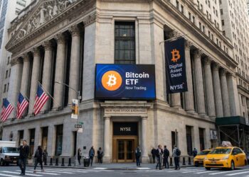 Fotografía exterior de la entrada principal de la sede corporativa moderna de ExxonMobil, con el gran logotipo rojo y azul de la empresa visible en la fachada sobre las puertas giratorias. Superpuesto en el lado izquierdo de la imagen hay un gráfico holográfico de una transmisión de noticias de "FOX NEWS LIVE", que muestra a Donald Trump hablando desde un podio con un titular rojo debajo que dice: "TRUMP THREATENS BLOCK".