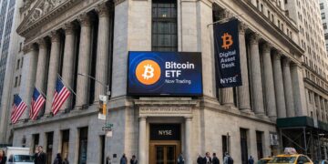 Fotografía exterior de la entrada principal de la sede corporativa moderna de ExxonMobil, con el gran logotipo rojo y azul de la empresa visible en la fachada sobre las puertas giratorias. Superpuesto en el lado izquierdo de la imagen hay un gráfico holográfico de una transmisión de noticias de "FOX NEWS LIVE", que muestra a Donald Trump hablando desde un podio con un titular rojo debajo que dice: "TRUMP THREATENS BLOCK".