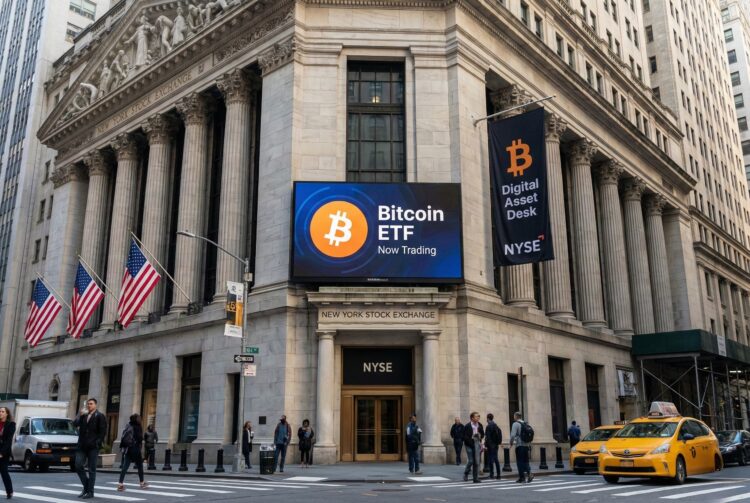 Fotografía exterior de la entrada principal de la sede corporativa moderna de ExxonMobil, con el gran logotipo rojo y azul de la empresa visible en la fachada sobre las puertas giratorias. Superpuesto en el lado izquierdo de la imagen hay un gráfico holográfico de una transmisión de noticias de "FOX NEWS LIVE", que muestra a Donald Trump hablando desde un podio con un titular rojo debajo que dice: "TRUMP THREATENS BLOCK".