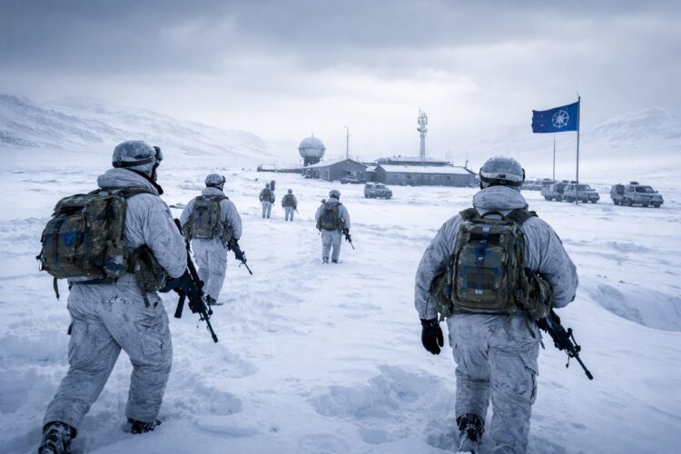 Soldados de la OTAN avanzan sobre terreno nevado en Groenlandia junto a una base militar