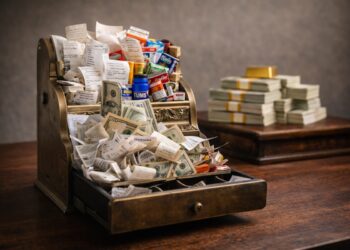 Caja registradora antigua rodeada de productos, reflejando el impulso de las ventas minoristas