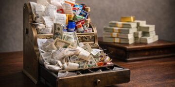 Caja registradora antigua rodeada de productos, reflejando el impulso de las ventas minoristas