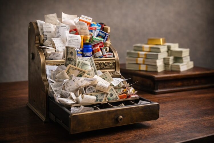 Caja registradora antigua rodeada de productos, reflejando el impulso de las ventas minoristas