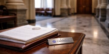 Sala del Senado vacía con documentos legislativos tras retiro de apoyo cripto de Coinbase