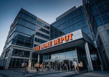 Fotografía exterior al atardecer del moderno edificio de oficinas de la sede corporativa de The Home Depot. El gran logotipo naranja de "THE HOME DEPOT" está iluminado sobre la entrada principal. Varias personas, algunas llevando cajas de cartón, entran y salen del edificio, que cuenta con una fachada de vidrio y paneles de hormigón bajo un cielo azul oscuro.
