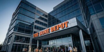 Fotografía exterior al atardecer del moderno edificio de oficinas de la sede corporativa de The Home Depot. El gran logotipo naranja de "THE HOME DEPOT" está iluminado sobre la entrada principal. Varias personas, algunas llevando cajas de cartón, entran y salen del edificio, que cuenta con una fachada de vidrio y paneles de hormigón bajo un cielo azul oscuro.