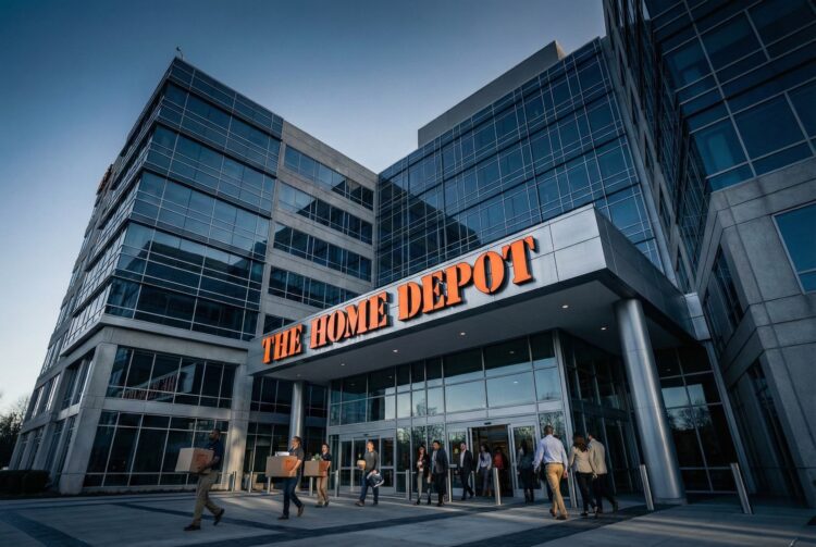 Fotografía exterior al atardecer del moderno edificio de oficinas de la sede corporativa de The Home Depot. El gran logotipo naranja de "THE HOME DEPOT" está iluminado sobre la entrada principal. Varias personas, algunas llevando cajas de cartón, entran y salen del edificio, que cuenta con una fachada de vidrio y paneles de hormigón bajo un cielo azul oscuro.