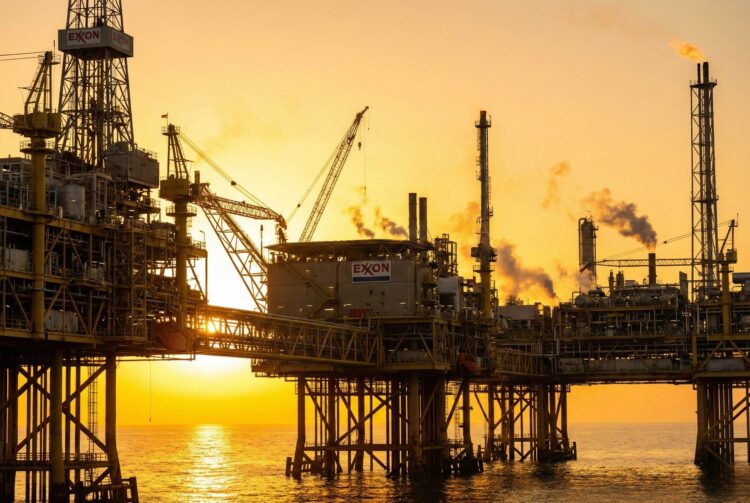 Fotografía panorámica al amanecer de una gran plataforma petrolera marina y complejo de refinería. Las complejas estructuras metálicas, grúas y columnas de humo se siluetean contra un cielo naranja y dorado brillante sobre el océano. El logotipo de "EXXON" es claramente visible en varias partes de la infraestructura, simbolizando la actividad y la oportunidad en el sector energético.