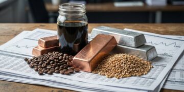 Materias primas como petróleo y cobre sobre análisis y gráficos financieros.