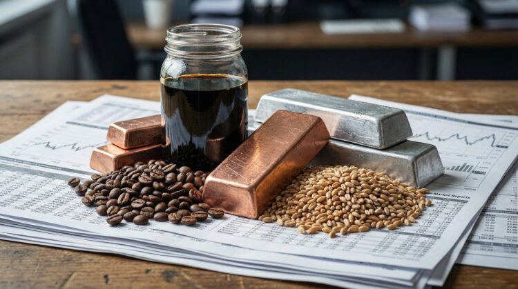 Materias primas como petróleo y cobre sobre análisis y gráficos financieros.