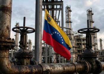 Bandera de Venezuela en refinería de petróleo industrial.