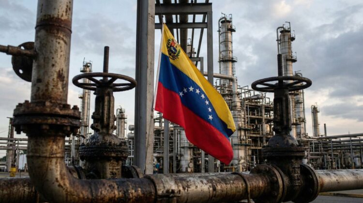 Bandera de Venezuela en refinería de petróleo industrial.
