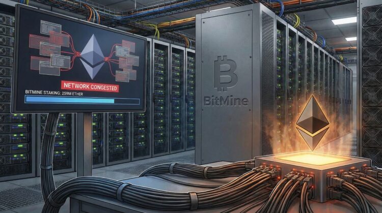 Centro de datos BitMine con red Ethereum saturada por staking.