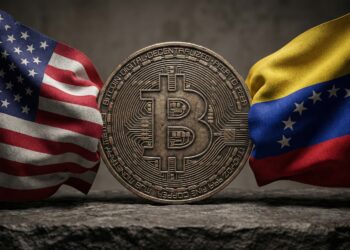 Banderas de EE. UU. y Venezuela flanqueando una moneda de Bitcoin sobre piedra.