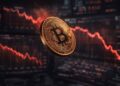 Pantalla bursátil muestra caída prolongada de Bitcoin durante un mes completo.