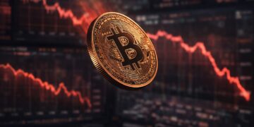 Pantalla bursátil muestra caída prolongada de Bitcoin durante un mes completo.