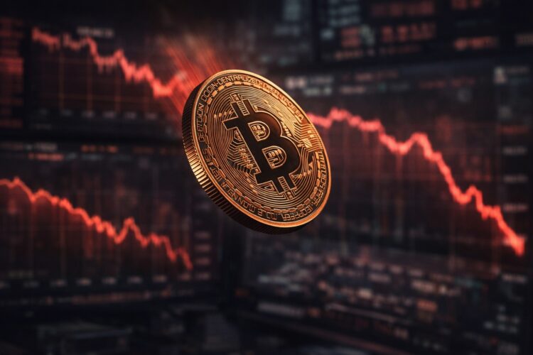 Pantalla bursátil muestra caída prolongada de Bitcoin durante un mes completo.