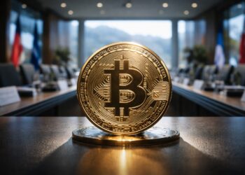 Bitcoin en primer plano sobre mesa de Davos, con entorno diplomático desenfocado.