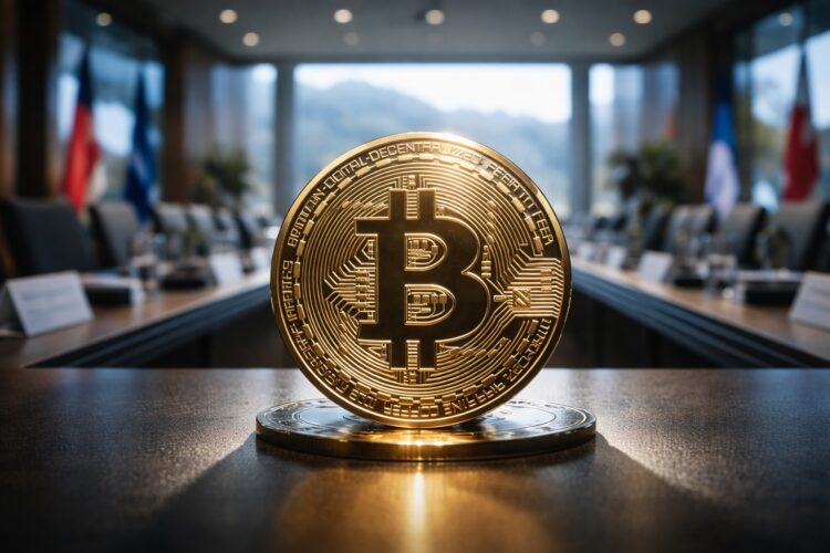 Bitcoin en primer plano sobre mesa de Davos, con entorno diplomático desenfocado.