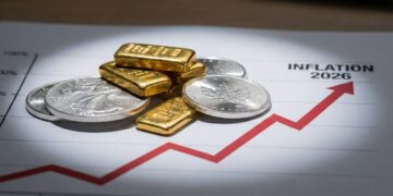 Fotografía de primer plano (macro) que muestra pequeños lingotes de oro y monedas de plata (como American Eagles y Maple Leafs) apilados sobre un gráfico financiero impreso. Una luz cenital dramática resalta el brillo de los metales, mientras que debajo, una línea roja ascendente en el gráfico está marcada claramente con el texto "INFLATION 2026", ilustrando el concepto de cobertura contra la inflación.