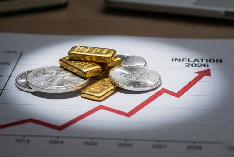 Fotografía de primer plano (macro) que muestra pequeños lingotes de oro y monedas de plata (como American Eagles y Maple Leafs) apilados sobre un gráfico financiero impreso. Una luz cenital dramática resalta el brillo de los metales, mientras que debajo, una línea roja ascendente en el gráfico está marcada claramente con el texto "INFLATION 2026", ilustrando el concepto de cobertura contra la inflación.