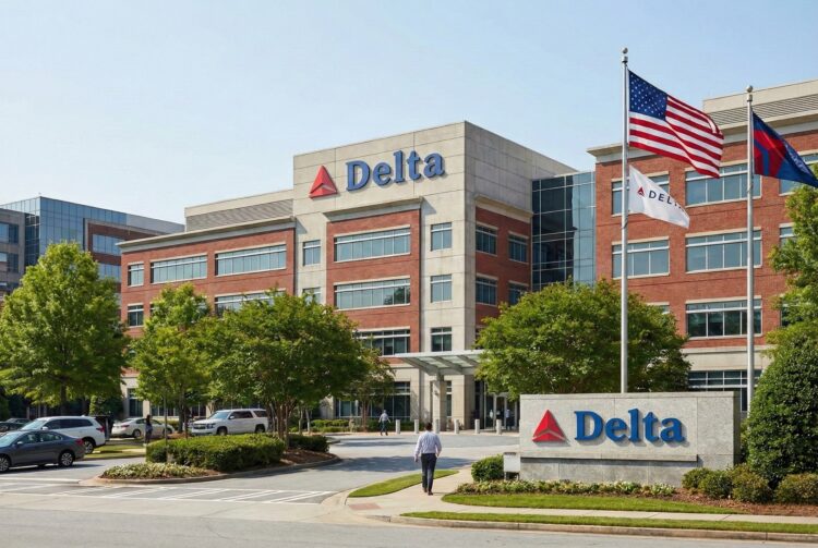 Fotografía exterior diurna de la sede corporativa de Delta Air Lines en Atlanta bajo un cielo soleado. El edificio moderno de ladrillo y hormigón presenta el logotipo triangular rojo y el texto azul "Delta" en la parte superior de la fachada y en un letrero de monumento de piedra cerca de la entrada a nivel de calle. Las banderas de Estados Unidos, una blanca con el logo de Delta y otra azul ondean en mástiles altos. El entorno está cuidadosamente ajardinado con árboles verdes, y una persona camina por la acera hacia el edificio.