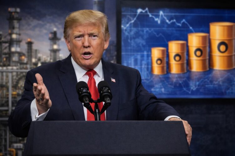 Donald Trump habla desde un podio durante un evento público, con instalaciones energéticas y gráficos de barriles de petróleo al fondo, simbolizando el anuncio de un suministro estratégico de energía.