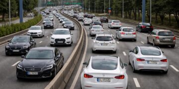 Tráfico denso en una autopista de Oslo, Noruega, con predominio de vehículos eléctricos modernos identificados por matrículas “EL”, mientras pocos coches de combustión circulan entre ellos.