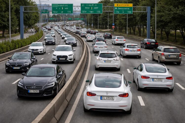 Tráfico denso en una autopista de Oslo, Noruega, con predominio de vehículos eléctricos modernos identificados por matrículas “EL”, mientras pocos coches de combustión circulan entre ellos.