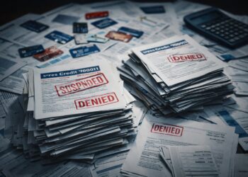 Pilas de reportes financieros rechazados y tarjetas rotas reflejan pérdida masiva de crédito en EE. UU.